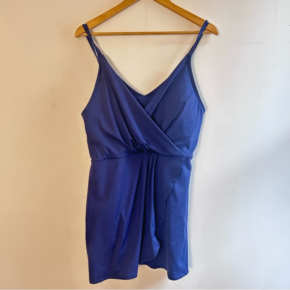 Lands End Swim Dress Navy Blue Faux Wrap One Piece XXL